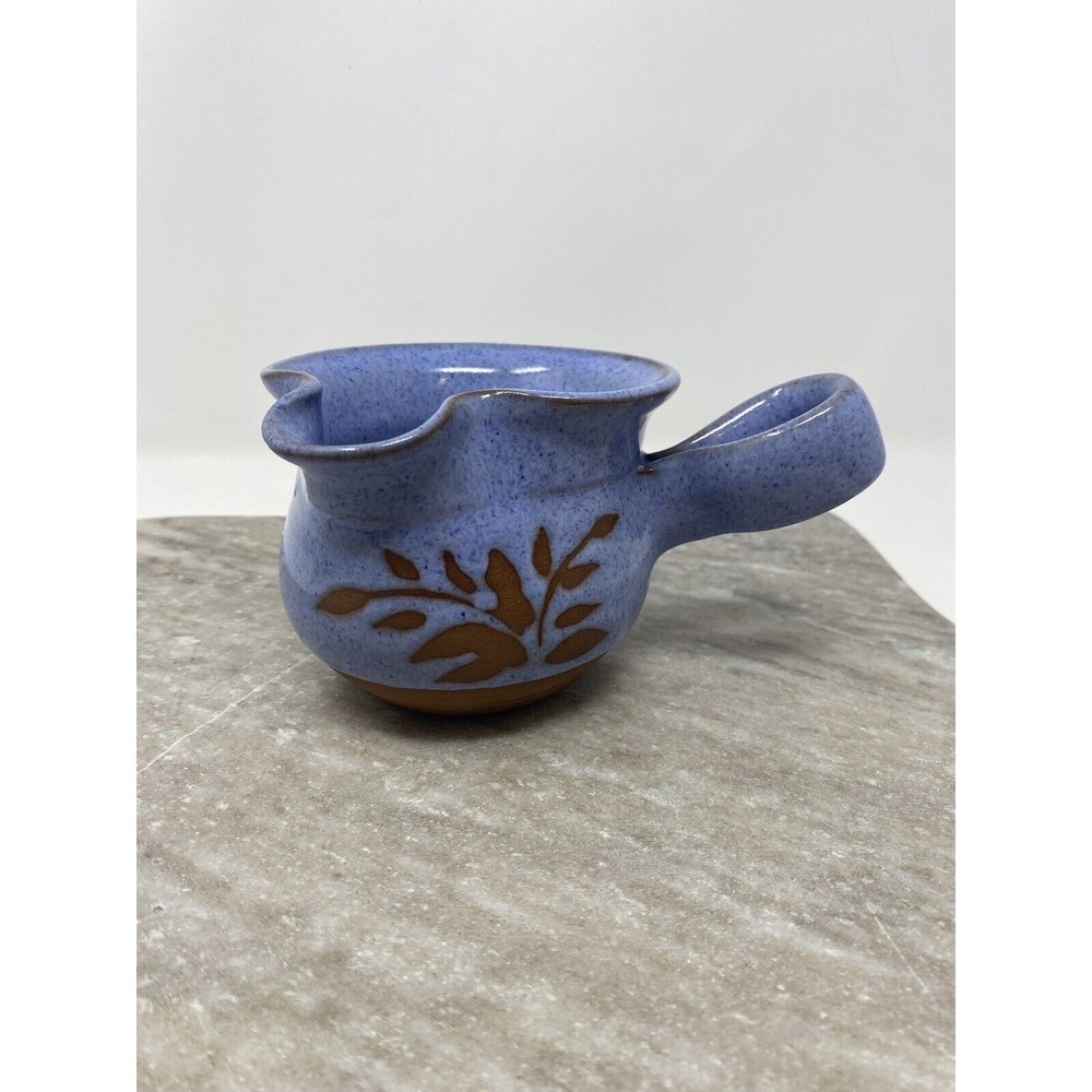 Studio Pottery Small Glazed Pitcher Creamer Floral Accent Blue Signed 3.25"
